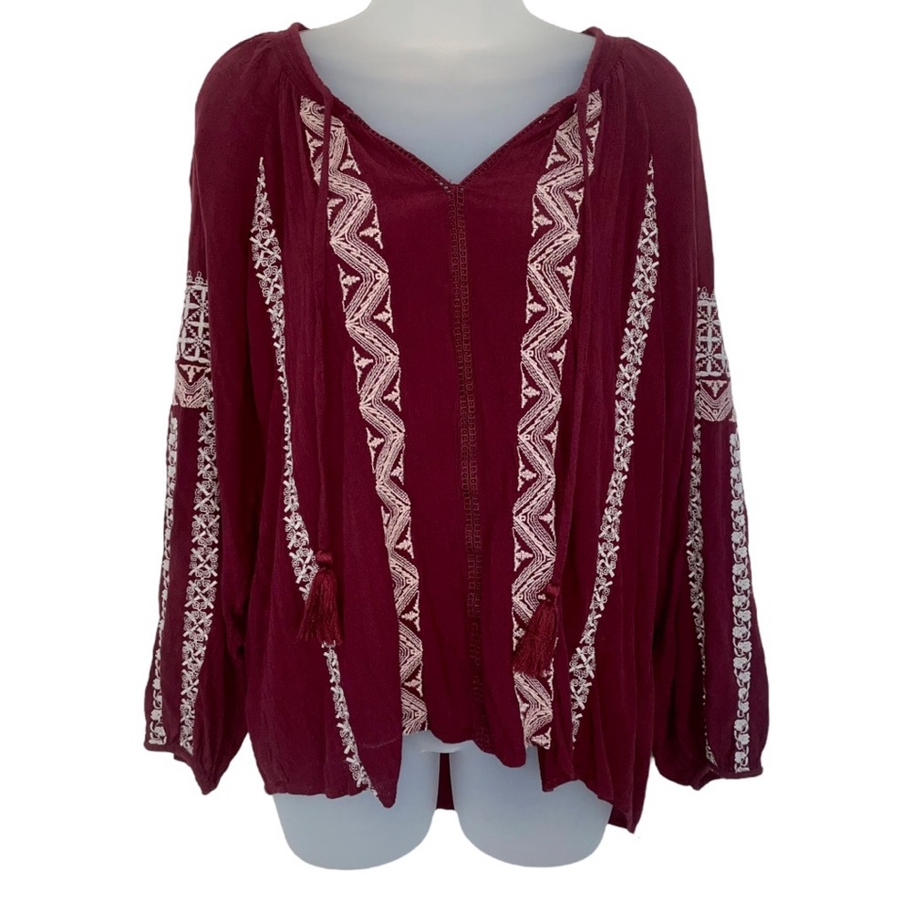 American Eagle Maroon Embroidered Boho Tassel Blouse Tribal Aztec Top Blouse